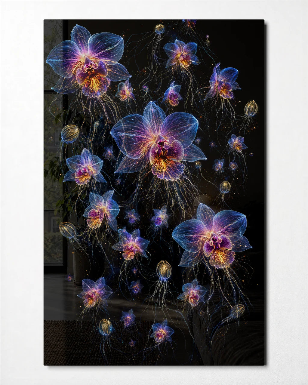 Orchids After Dark — front view of glass wall art