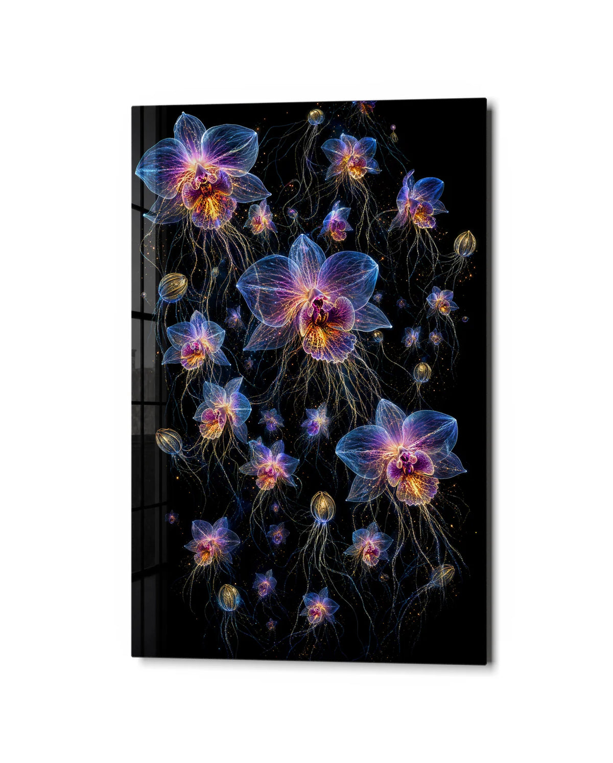 Orchids After Dark — studio view of glass wall art