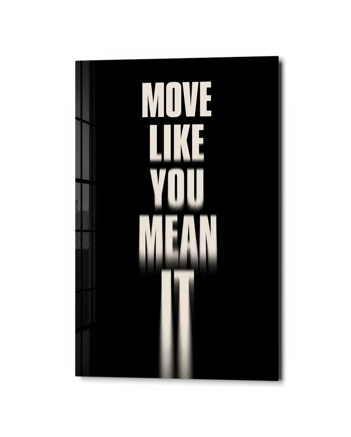 Move With Intent — studio view of glass wall art