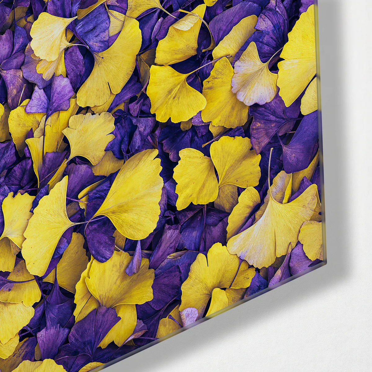 Yellow Leaves Violet Ground — corner detail of glass wall art