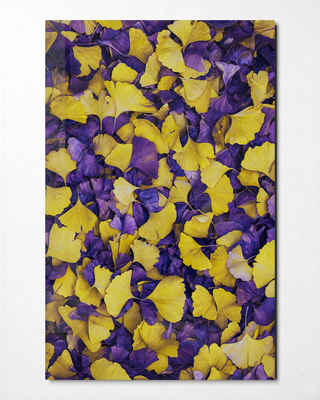 Yellow Leaves Violet Ground — front view of glass wall art
