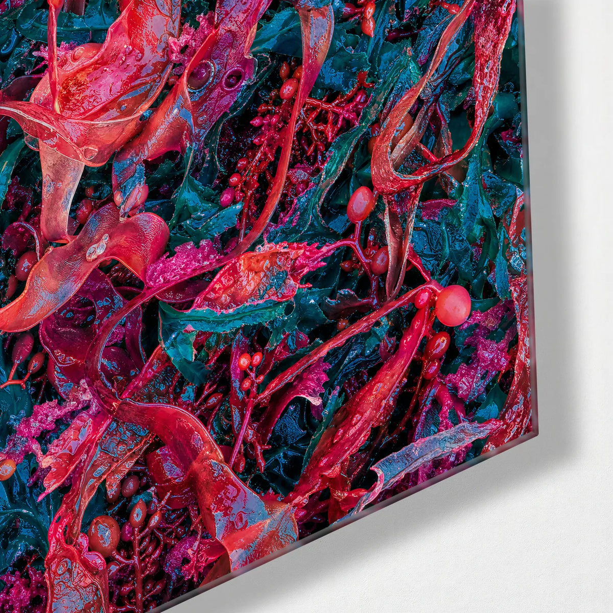 Crimson Undergrowth — corner detail of glass wall art