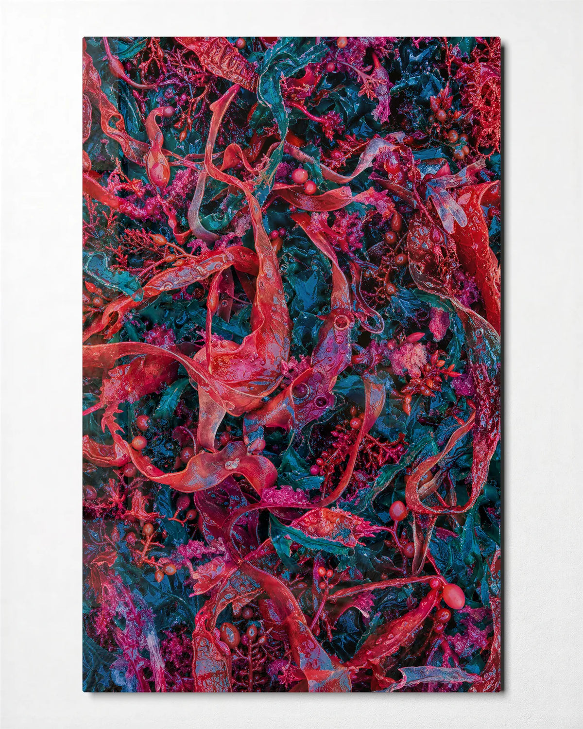 Crimson Undergrowth — front view of glass wall art
