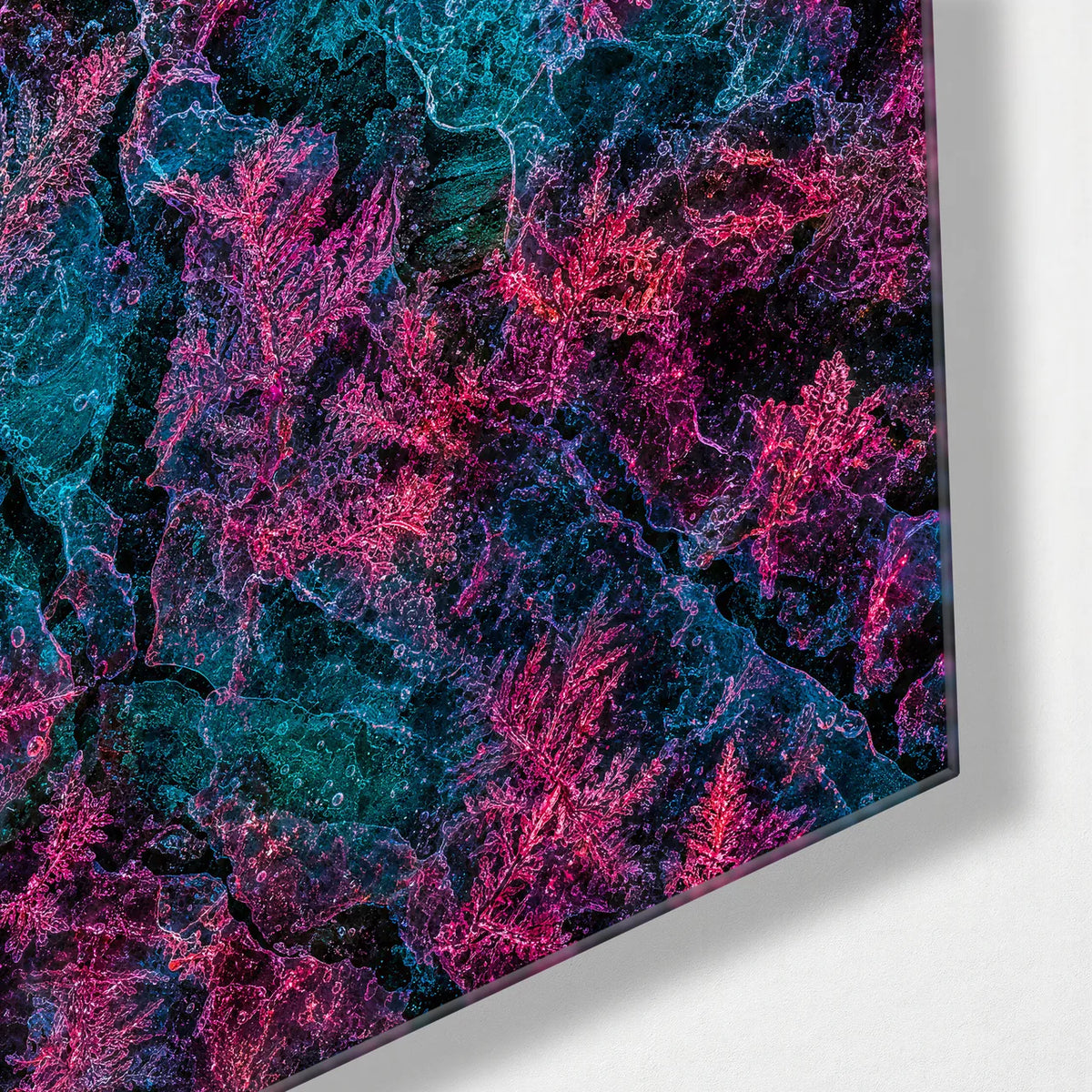 Coral Threads — corner detail of glass wall art