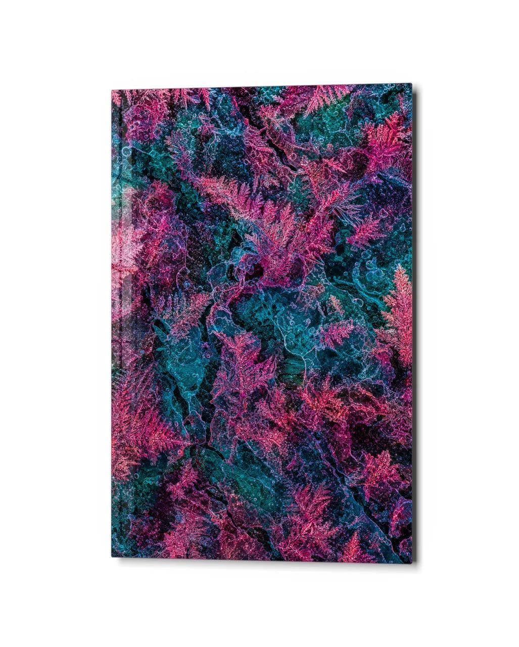 Coral Threads — studio view of glass wall art