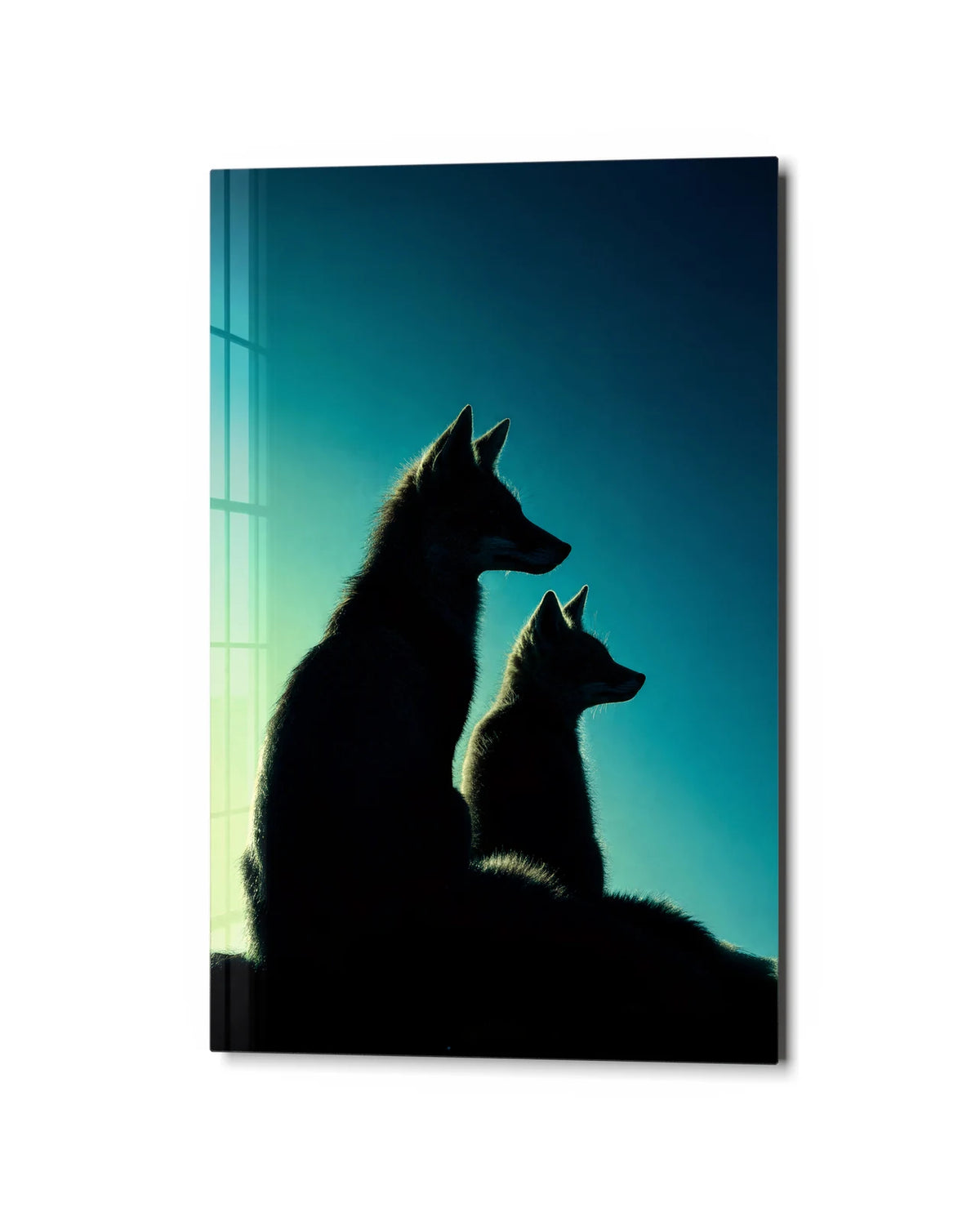 Two at Dusk — studio view of glass wall art