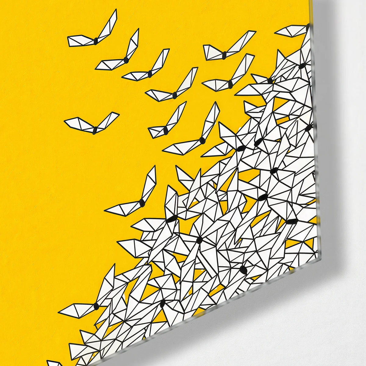 Paper Birds Rising — corner detail of glass wall art