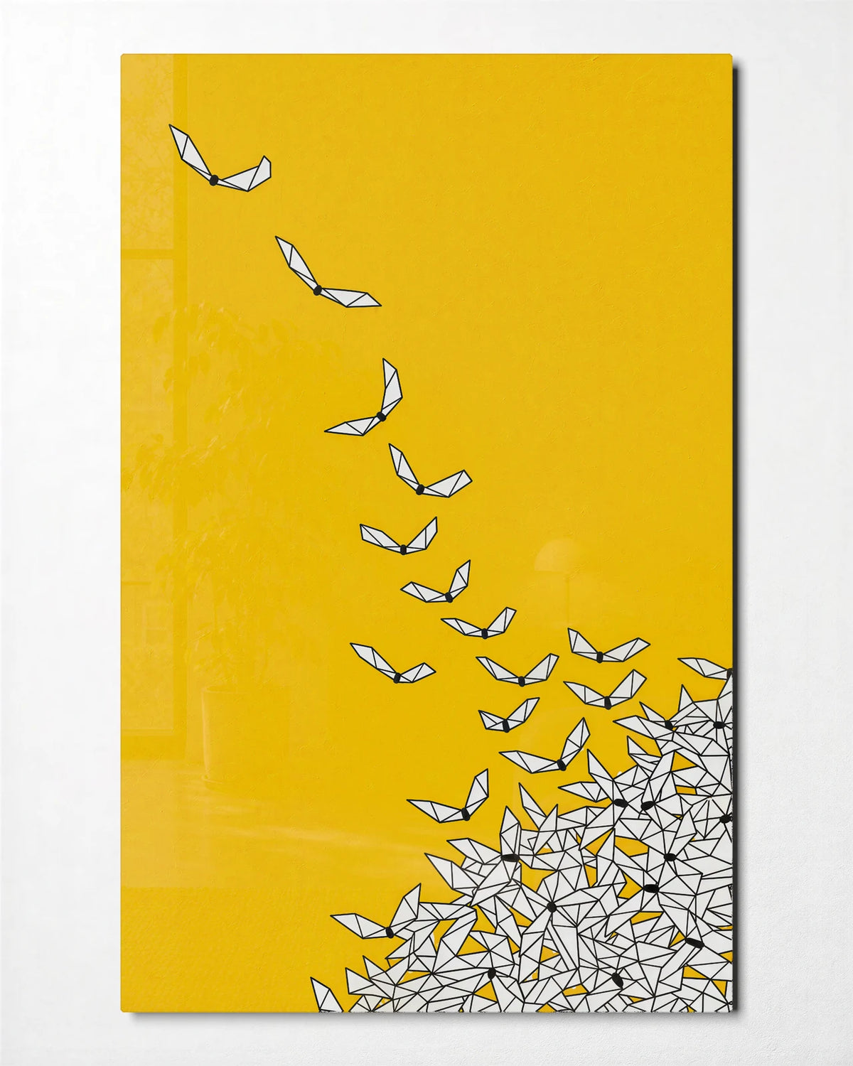 Paper Birds Rising — front view of glass wall art