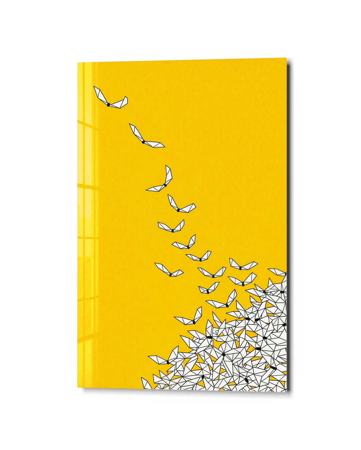 Paper Birds Rising — studio view of glass wall art