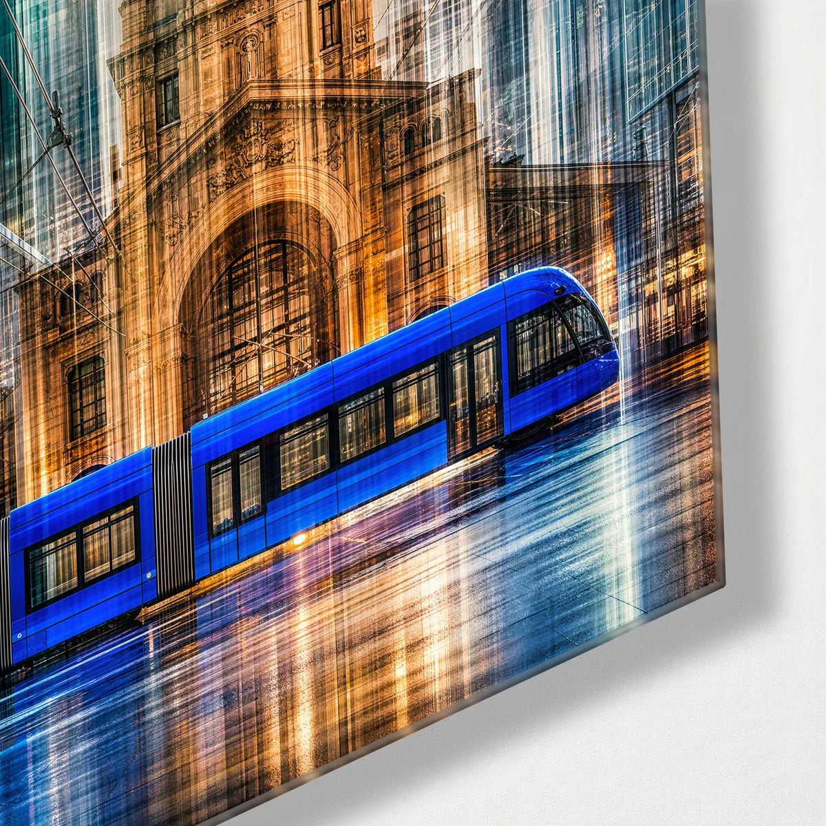City in Motion — corner detail of glass wall art