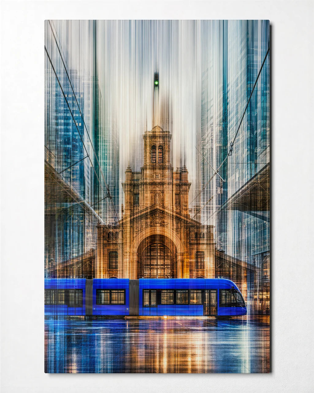 City in Motion — front view of glass wall art