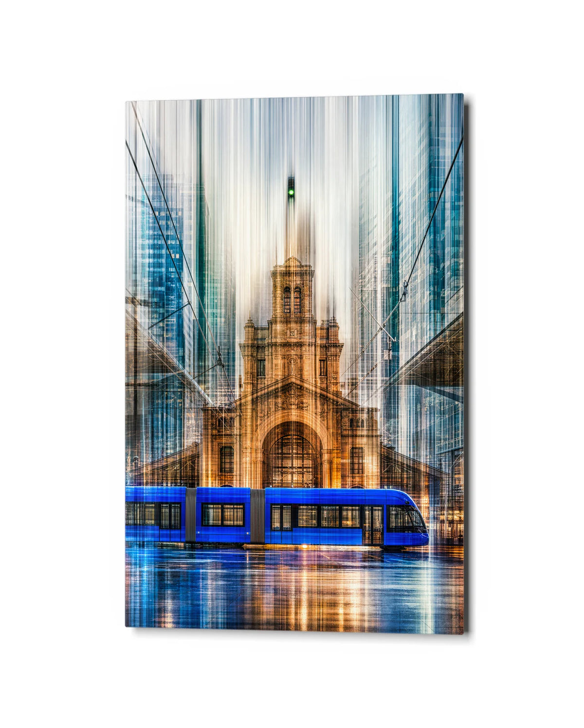 City in Motion — studio view of glass wall art