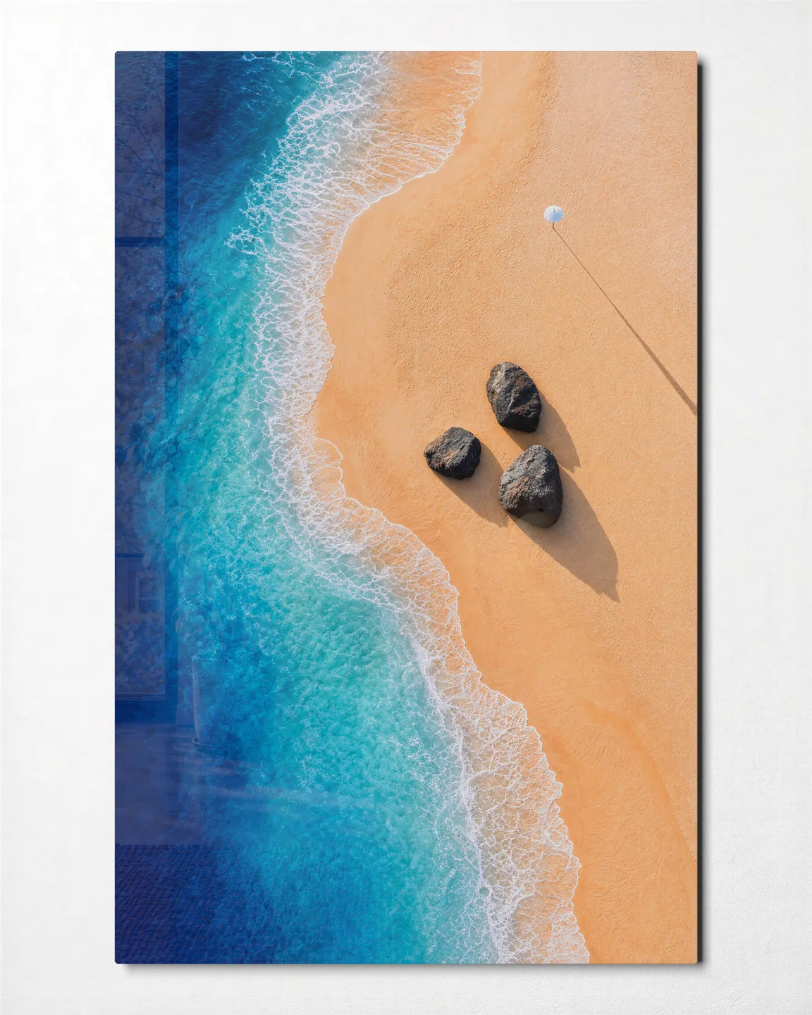 One Umbrella Three Rocks — front view of glass wall art