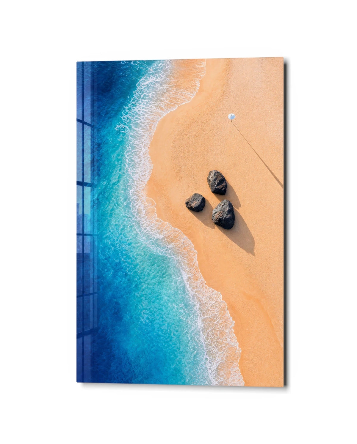 One Umbrella Three Rocks — studio view of glass wall art