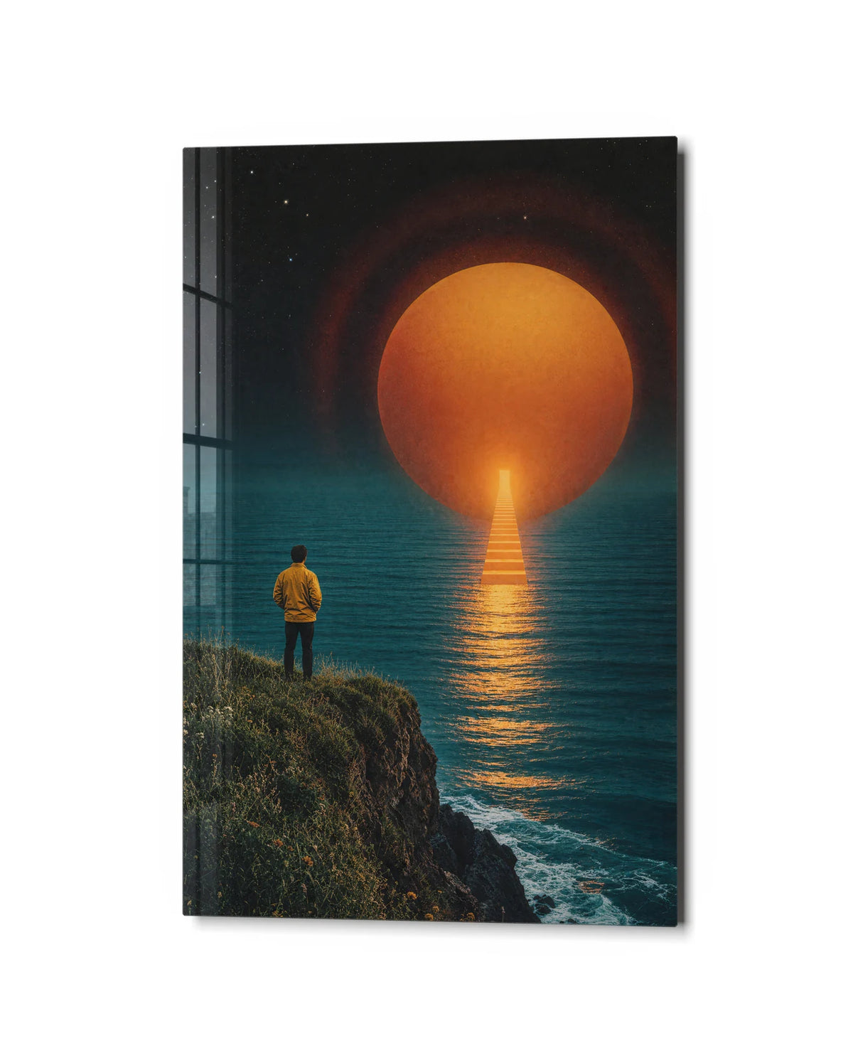 A Sun to Step Toward — studio view of glass wall art