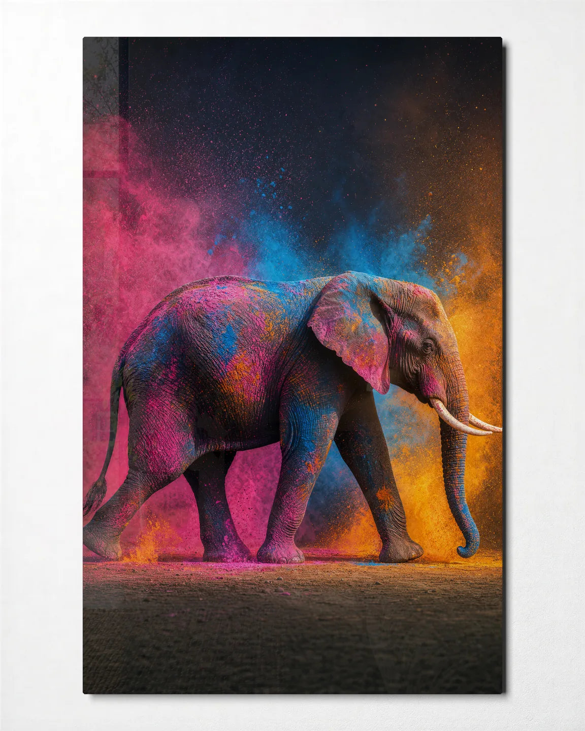 Elephant in Colour — front view of glass wall art