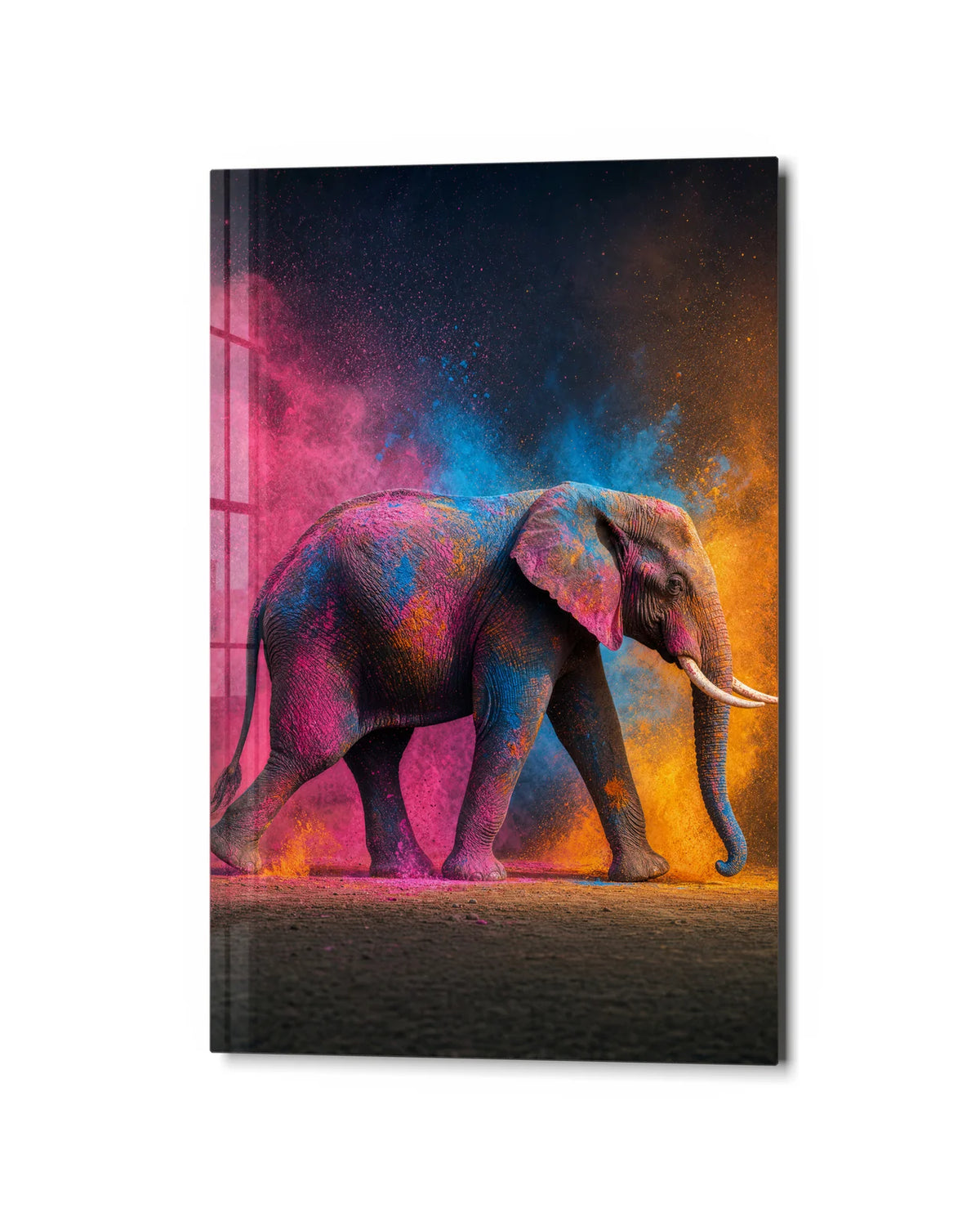 Elephant in Colour — studio view of glass wall art
