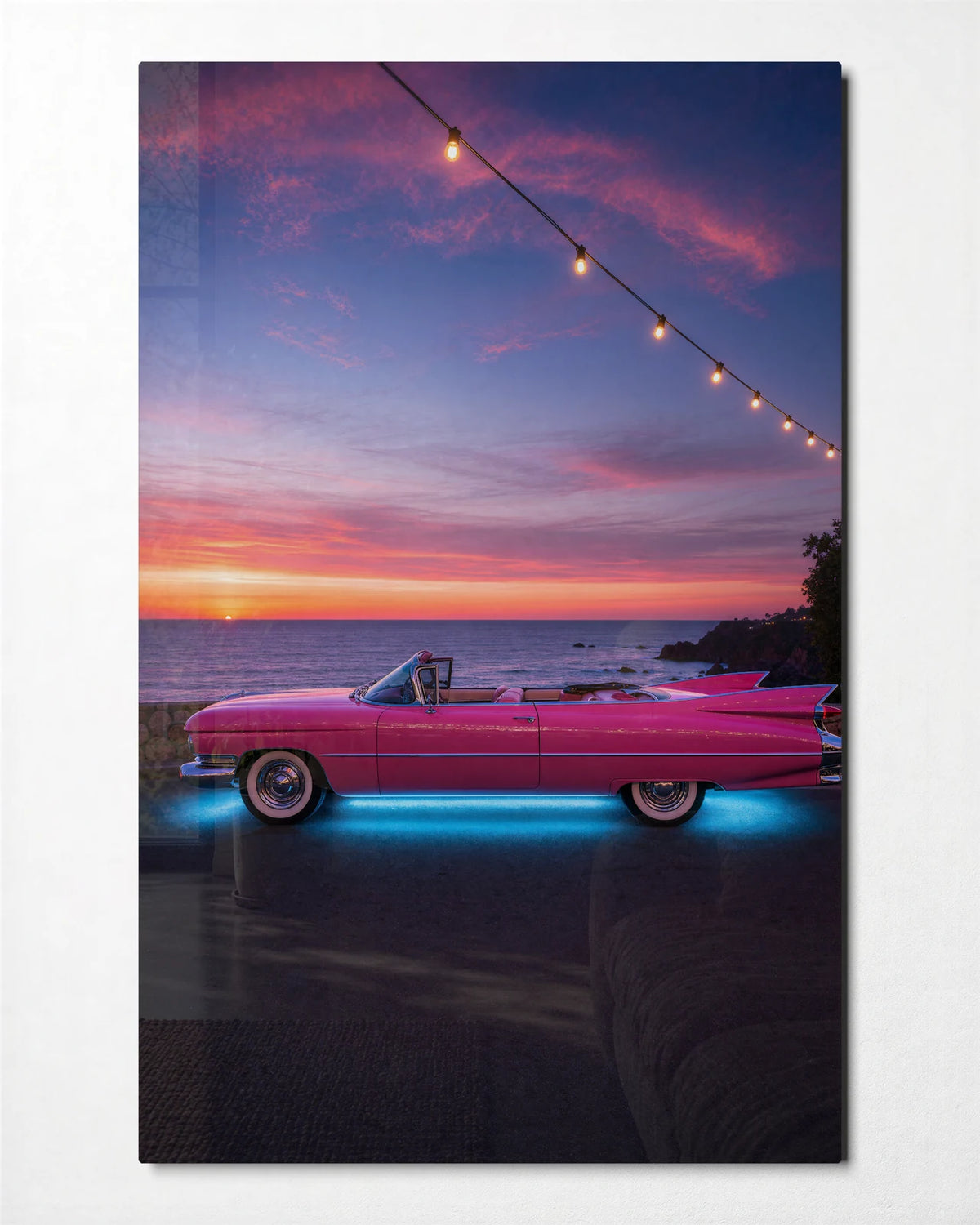 Pink Coast Cruise — front view of glass wall art