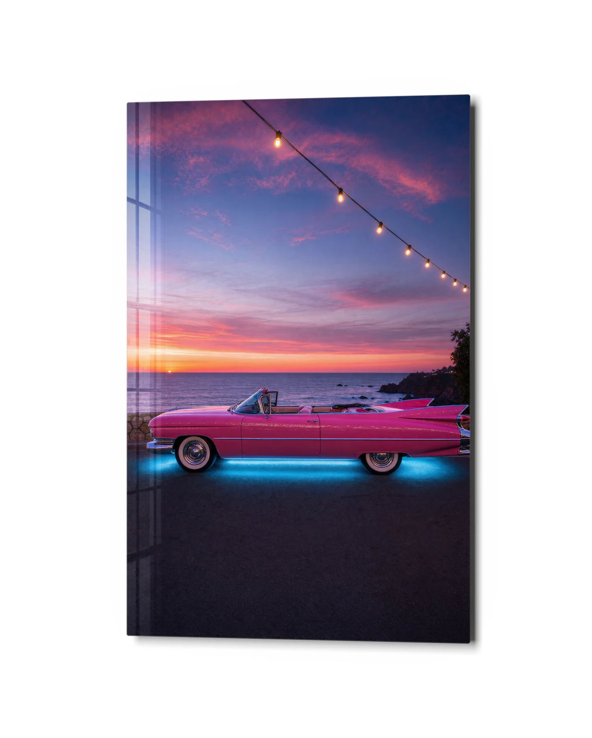 Pink Coast Cruise — studio view of glass wall art