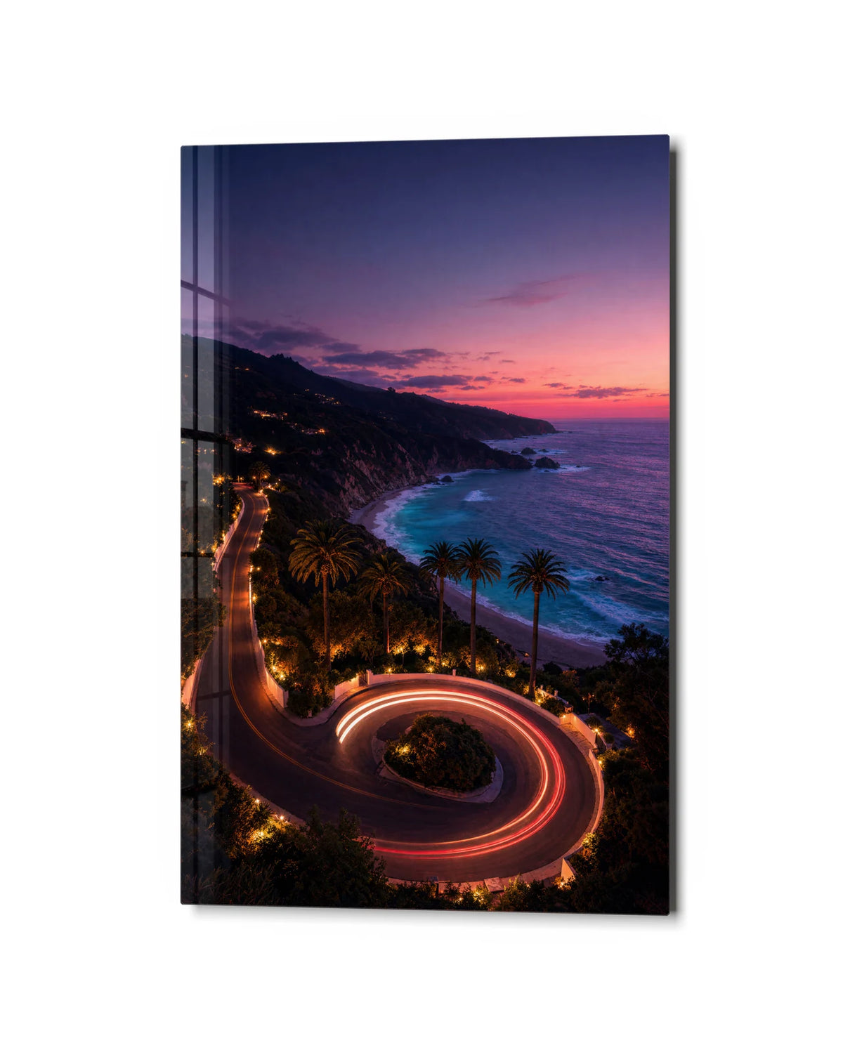 Last Bend Home — studio view of glass wall art