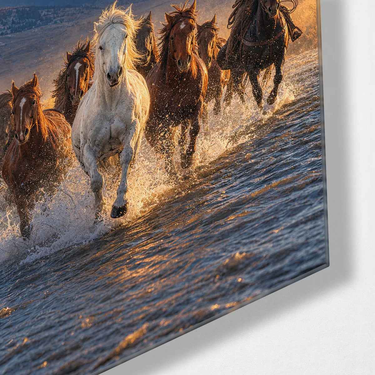 Horses Through Water — corner detail of glass wall art