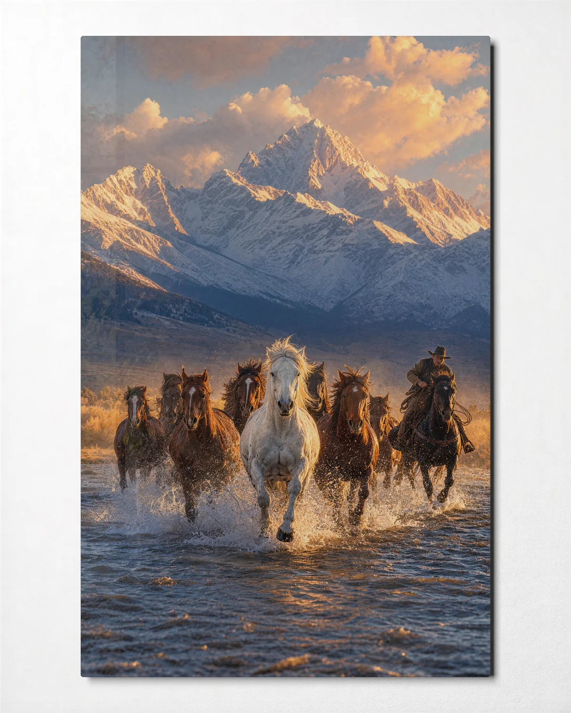 Horses Through Water — front view of glass wall art