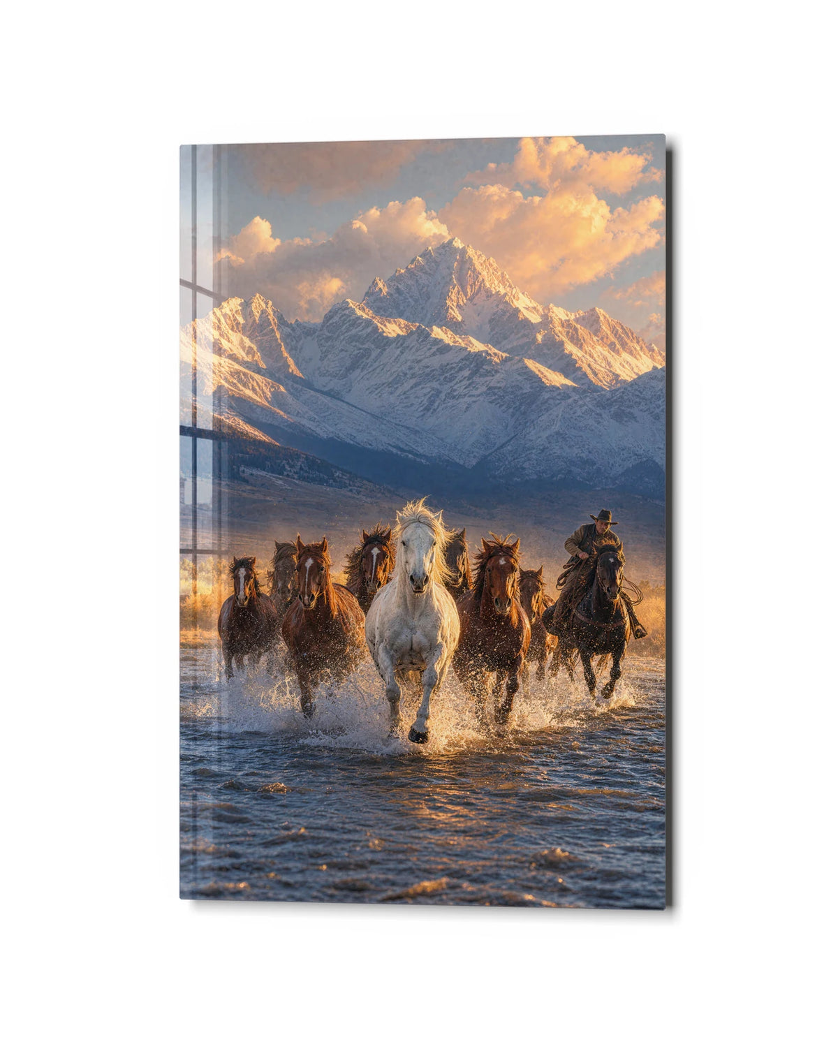Horses Through Water — studio view of glass wall art