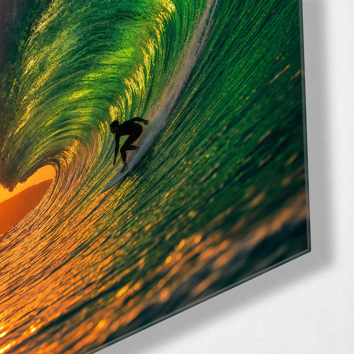 Inside the Green Wave — corner detail of glass wall art