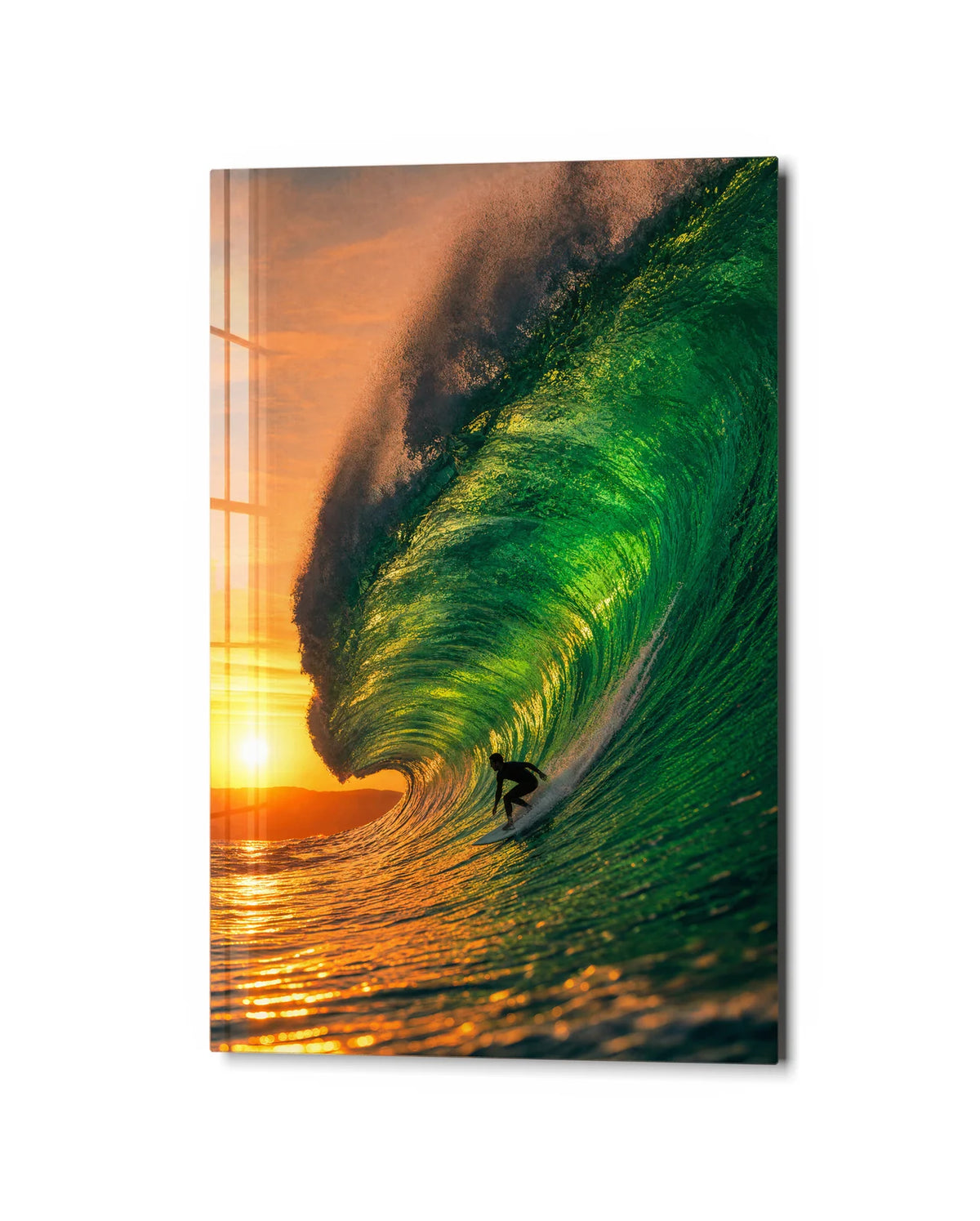 Inside the Green Wave — studio view of glass wall art