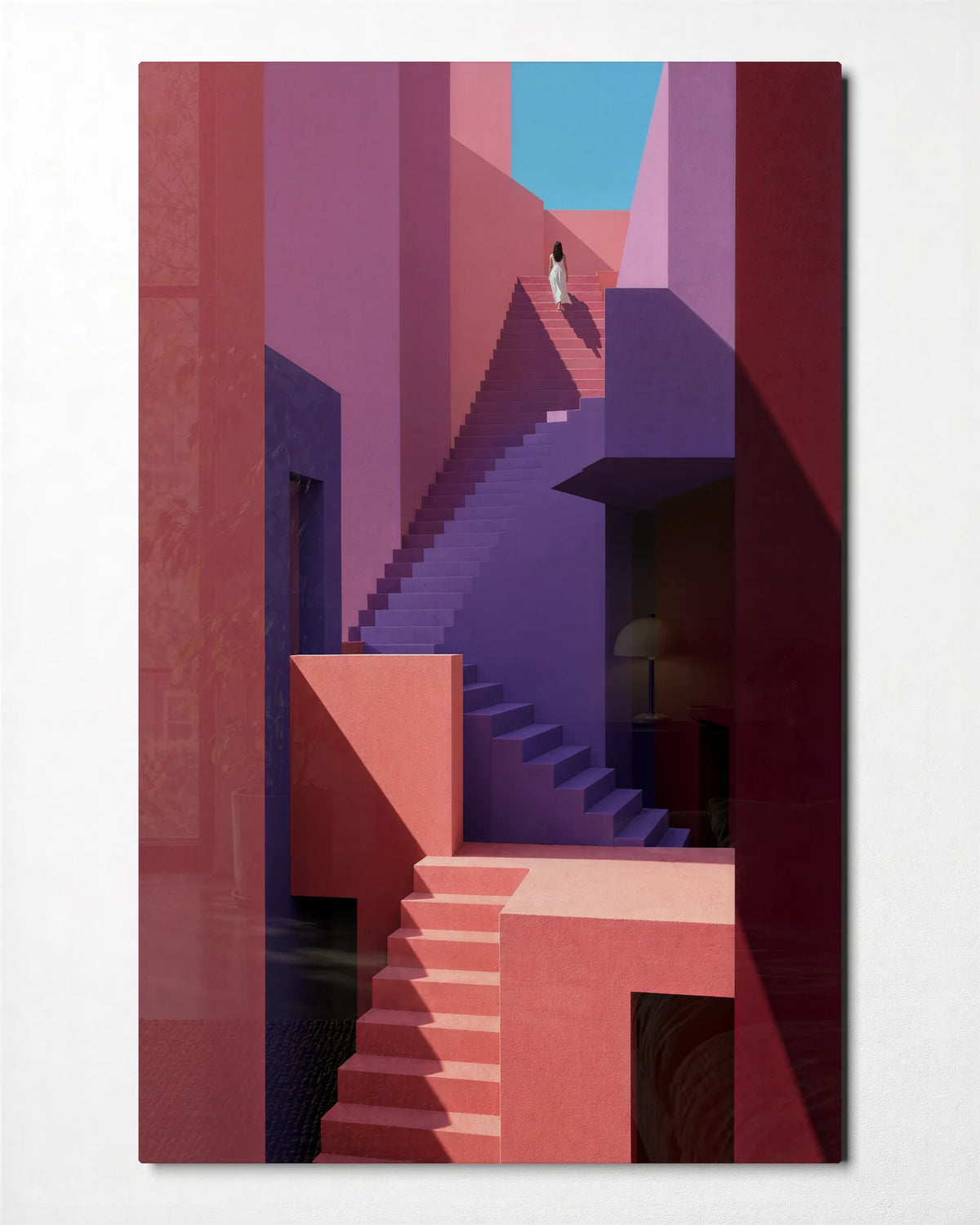 Pink Stairway — front view of glass wall art