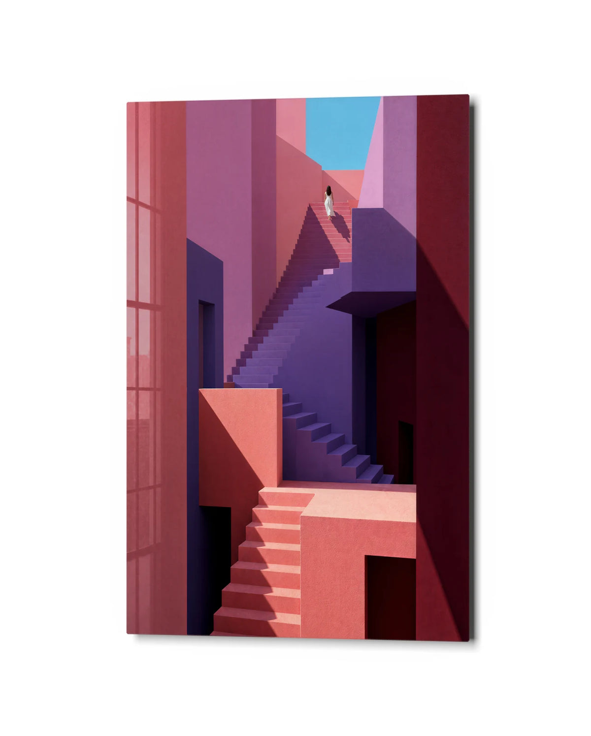 Pink Stairway — studio view of glass wall art