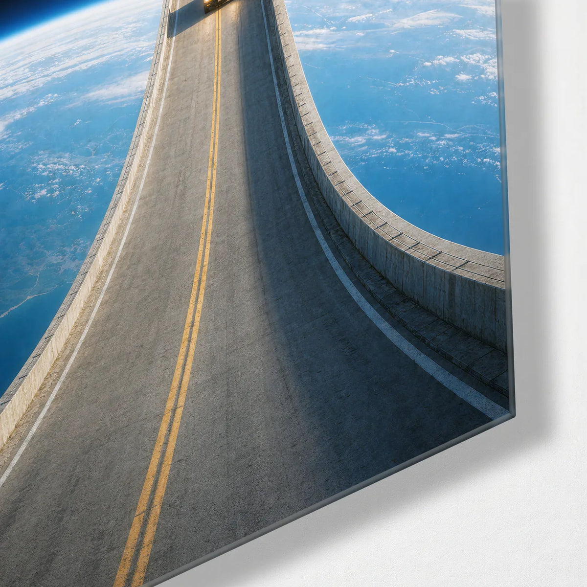 The Road Keeps Going — corner detail of glass wall art