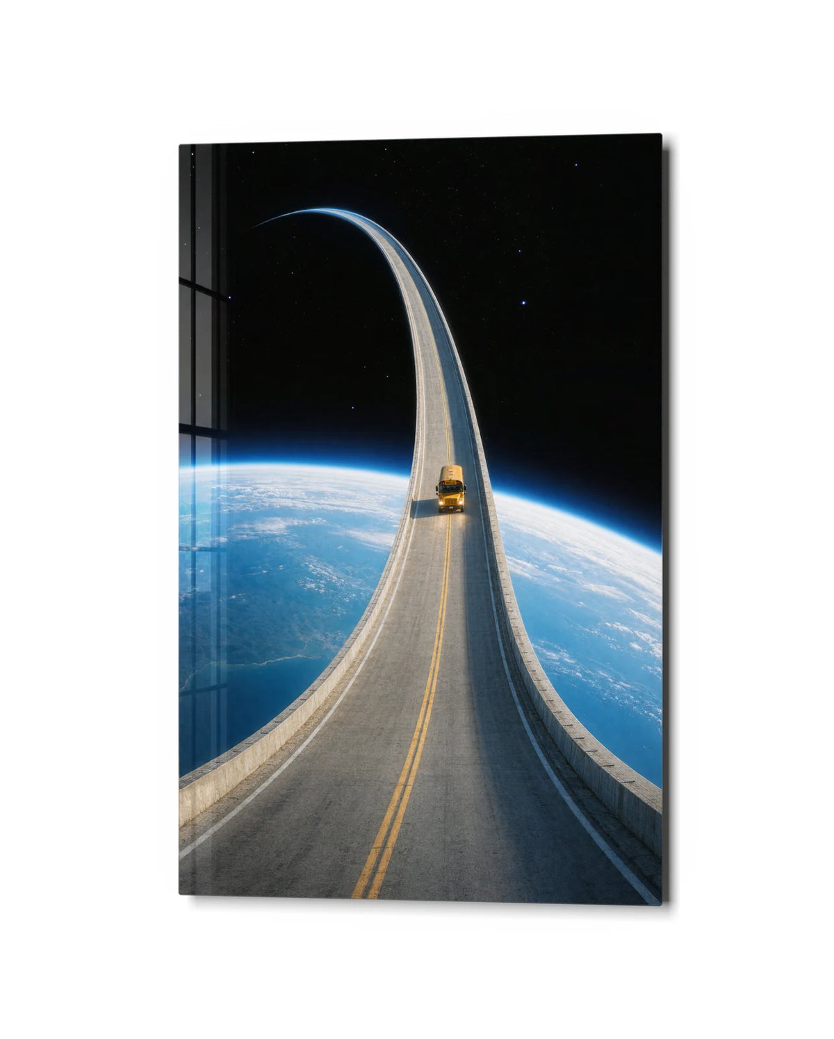 The Road Keeps Going — studio view of glass wall art