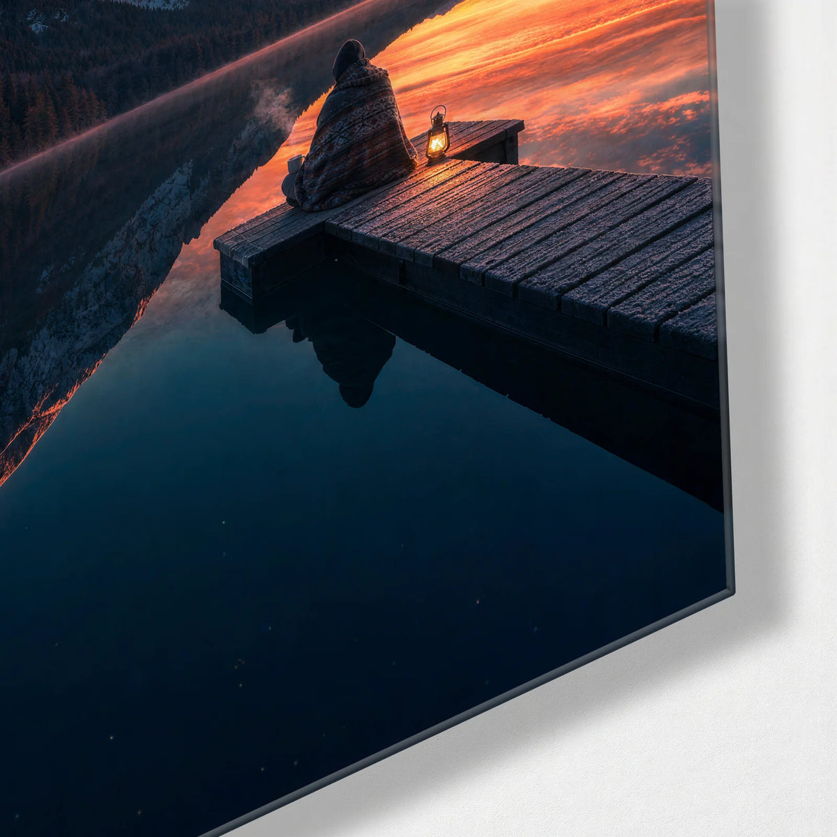 Last Light at the Lake — corner detail of glass wall art