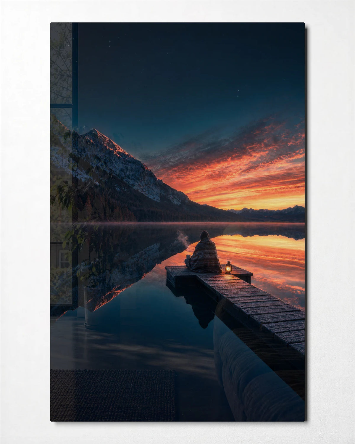 Last Light at the Lake — front view of glass wall art