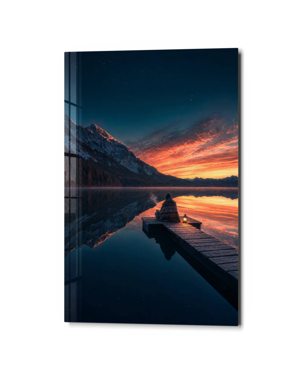 Last Light at the Lake — studio view of glass wall art