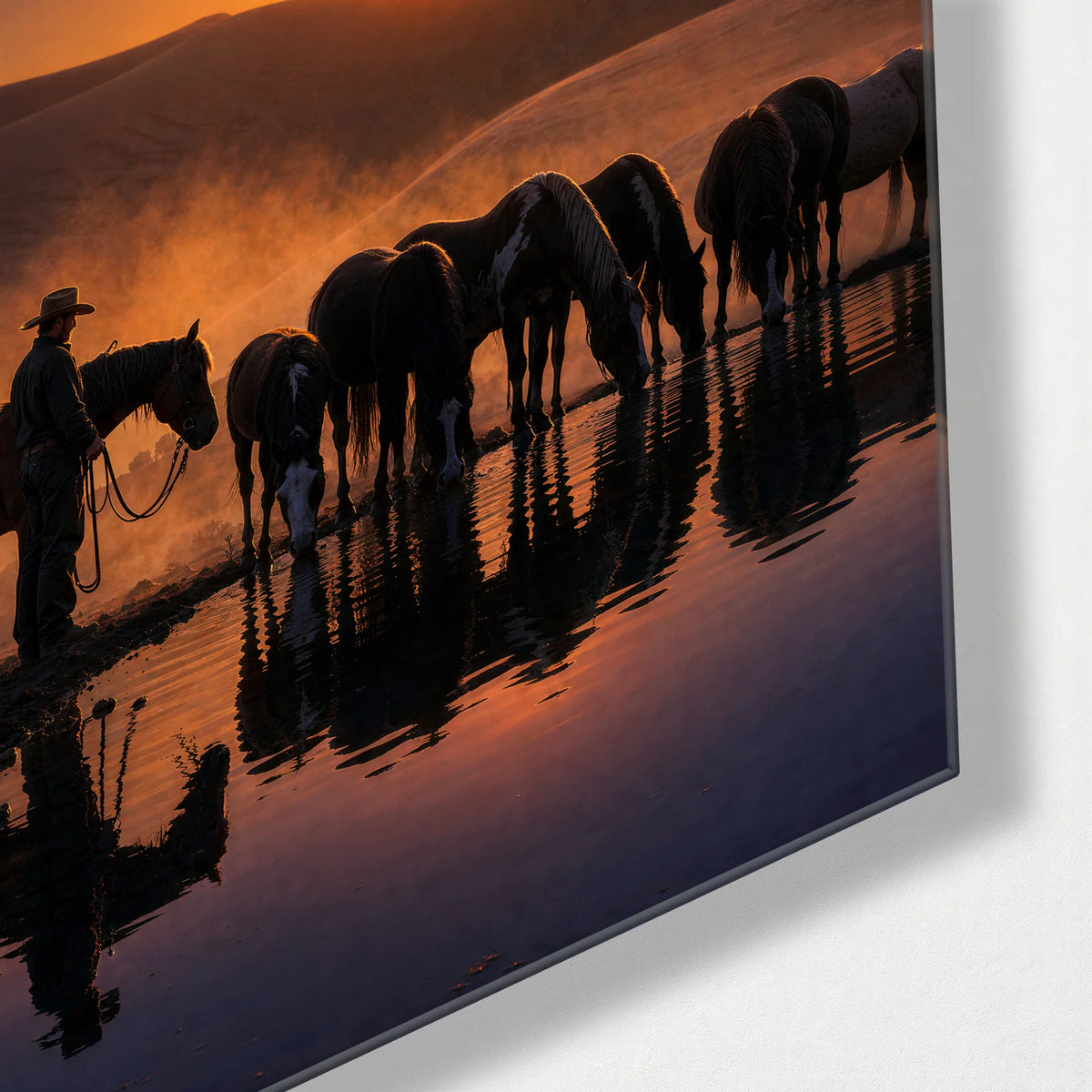 Horses at Sundown — corner detail of glass wall art