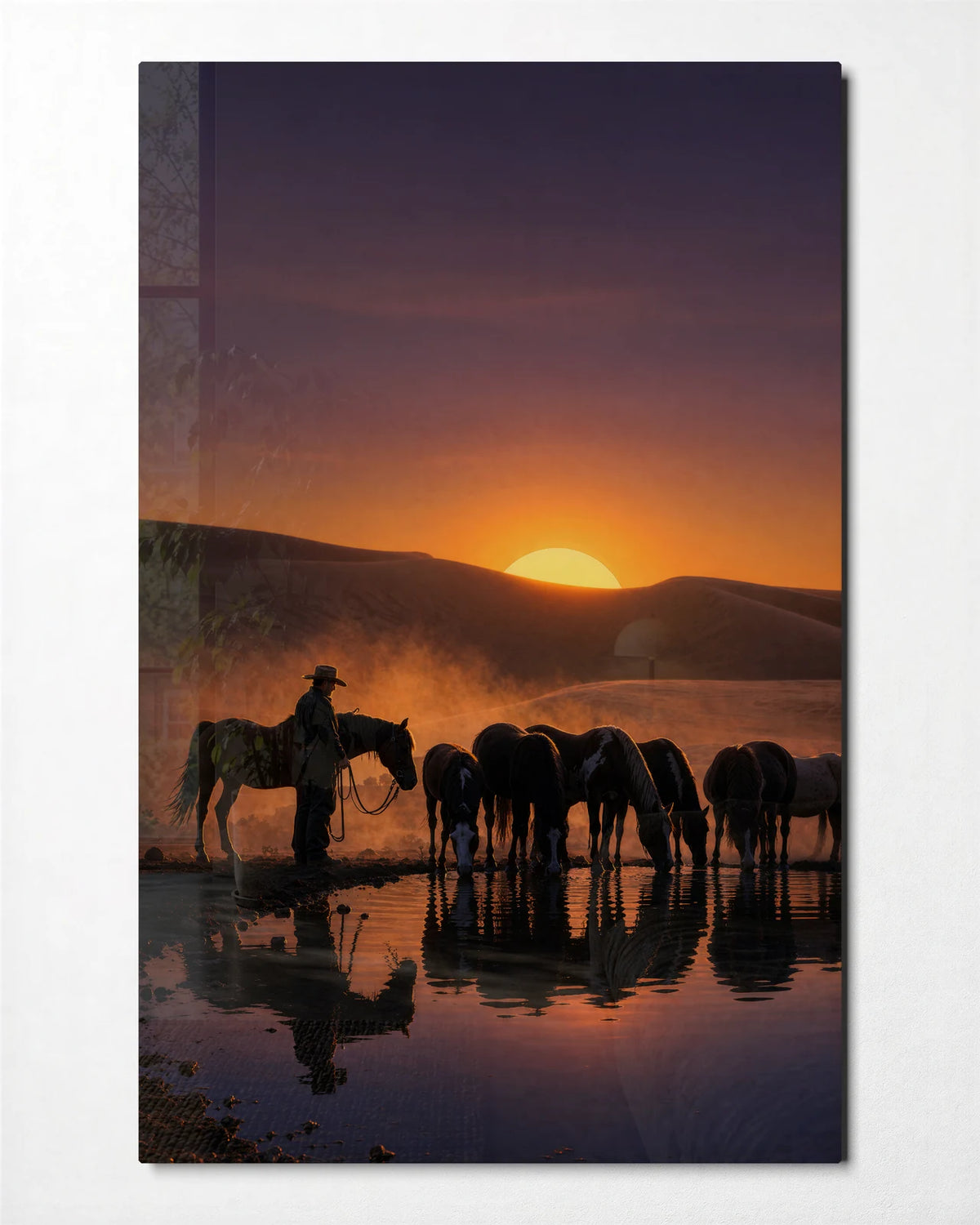 Horses at Sundown — front view of glass wall art