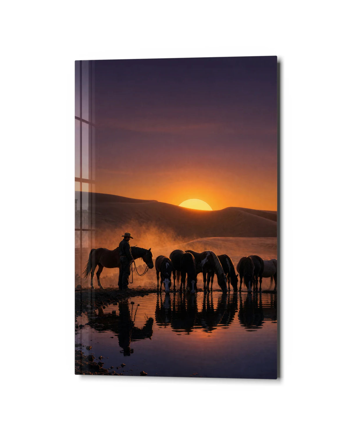 Horses at Sundown — studio view of glass wall art
