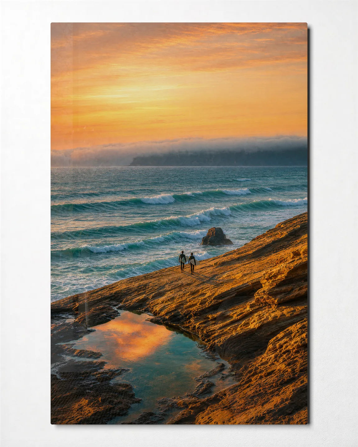 Golden Shore Walk — front view of glass wall art