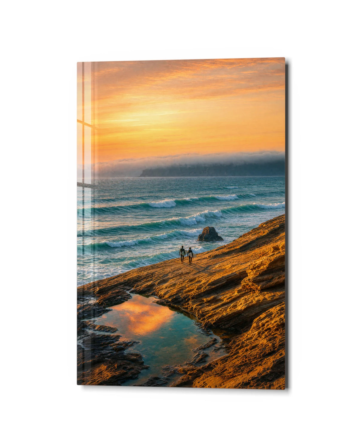 Golden Shore Walk — studio view of glass wall art
