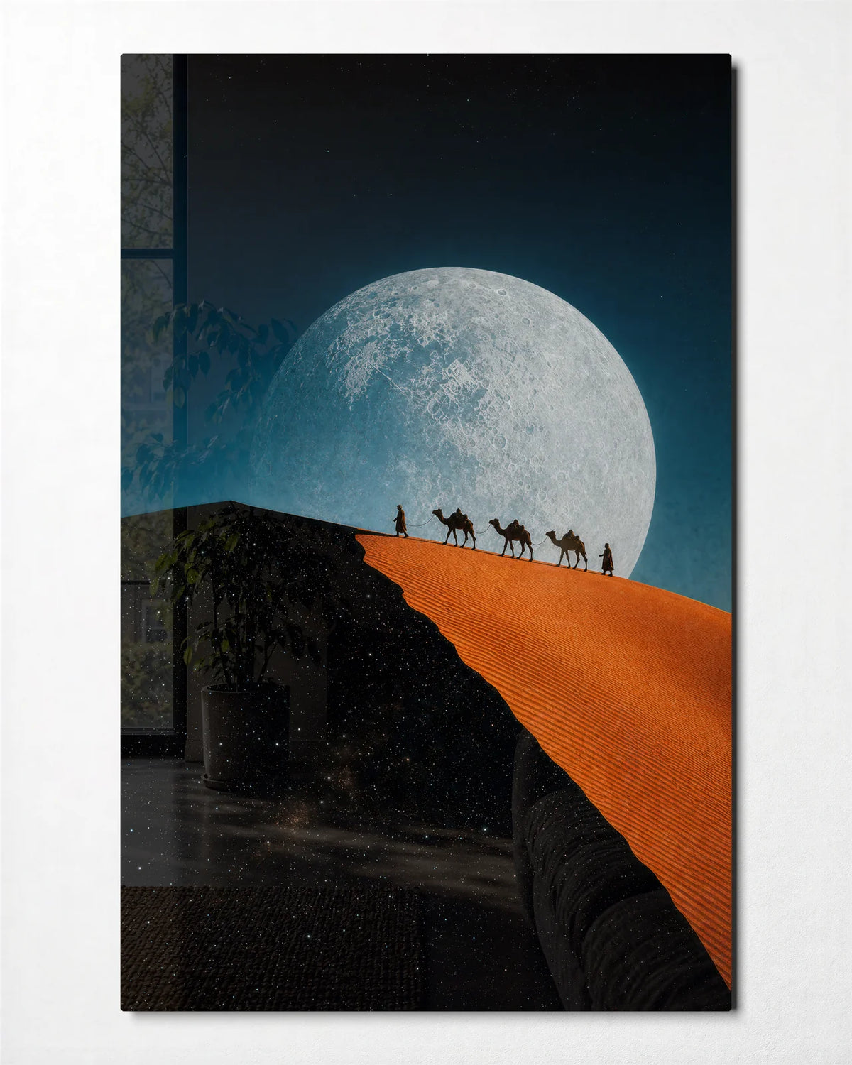 Caravan under the Moon — front view of glass wall art
