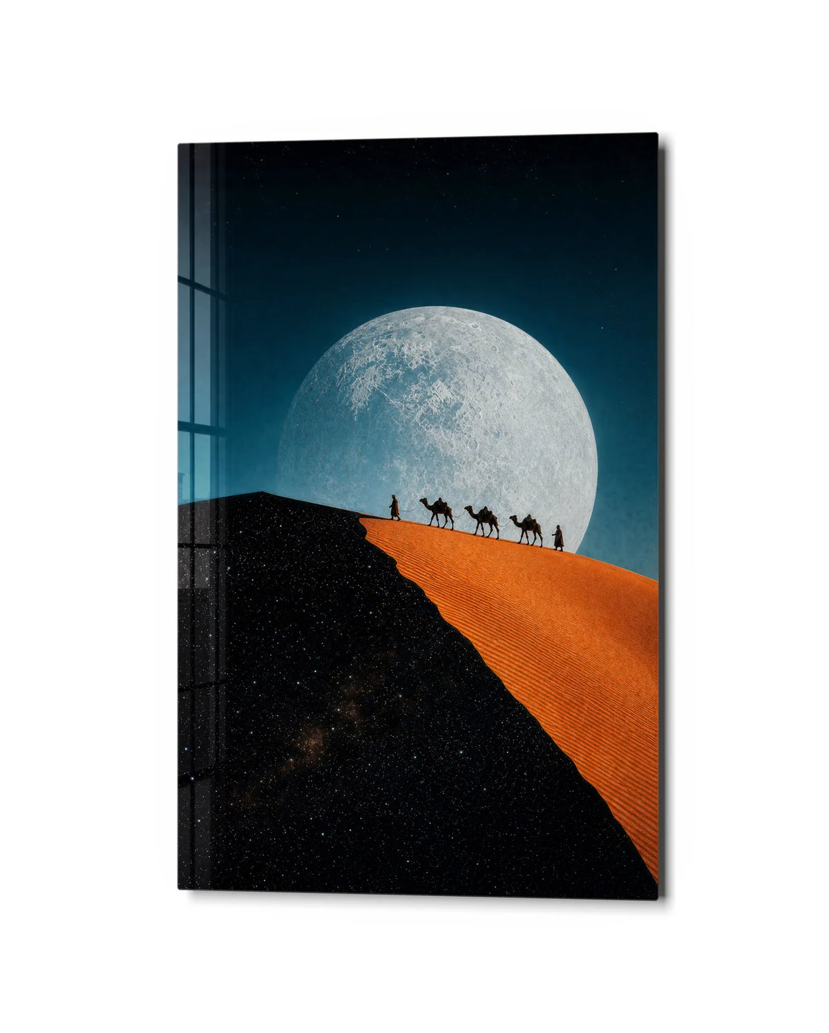 Caravan under the Moon — studio view of glass wall art