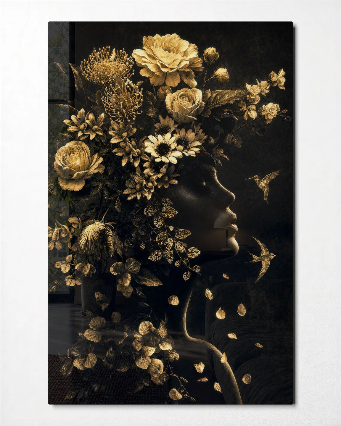 Crowned in Flowers — front view of glass wall art