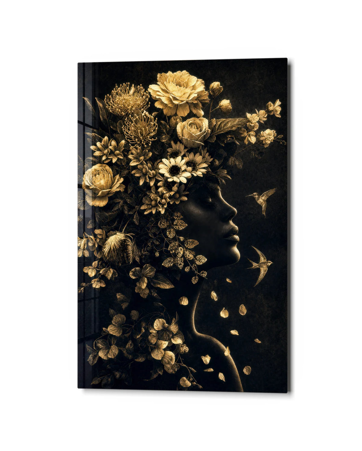 Crowned in Flowers — studio view of glass wall art