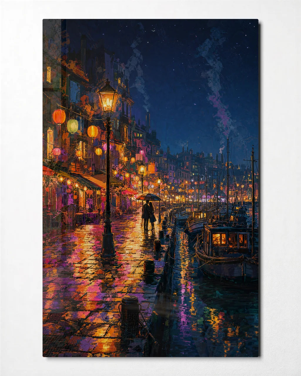 Lanterns by the Water — front view of glass wall art