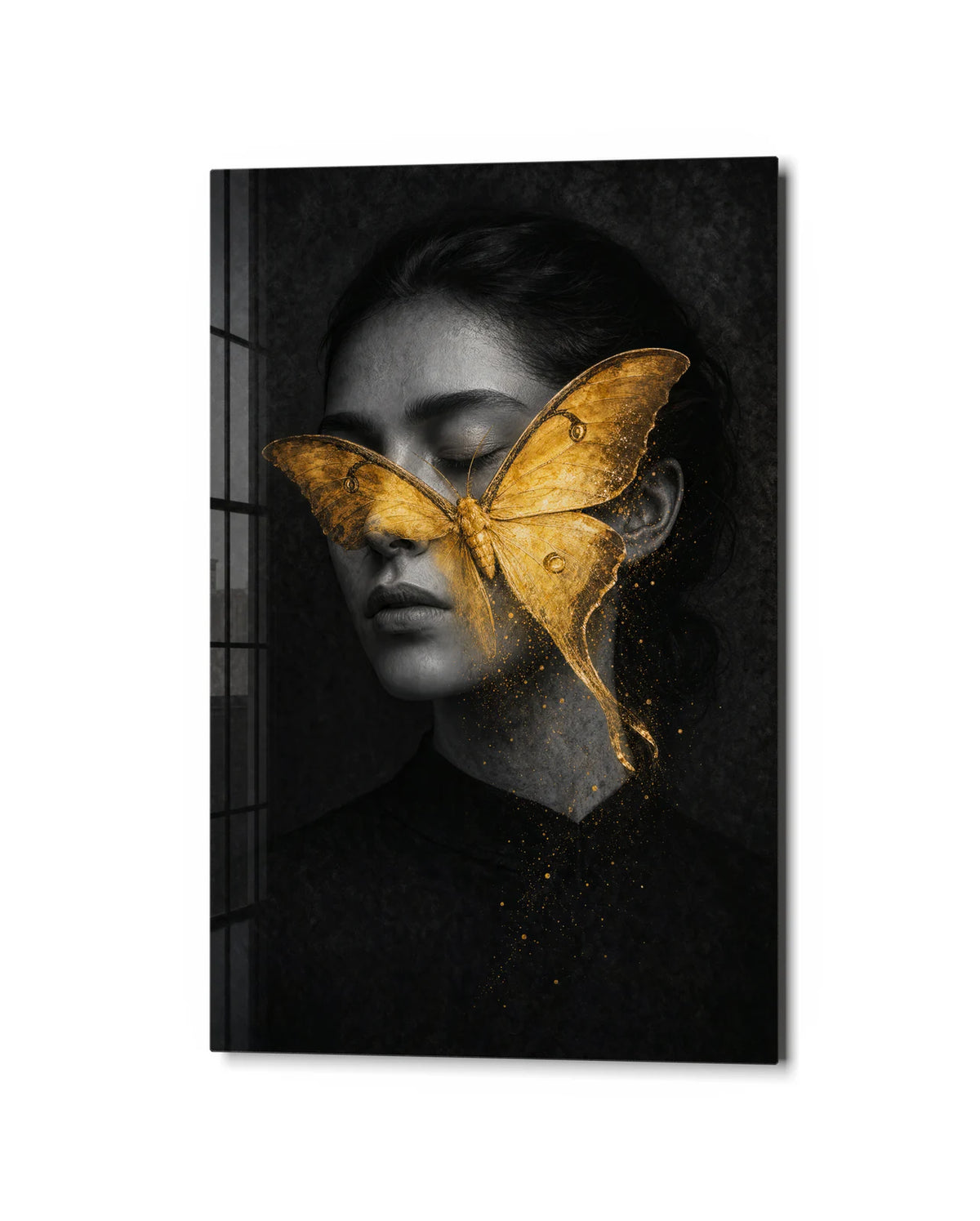 Golden Veil — studio view of glass wall art