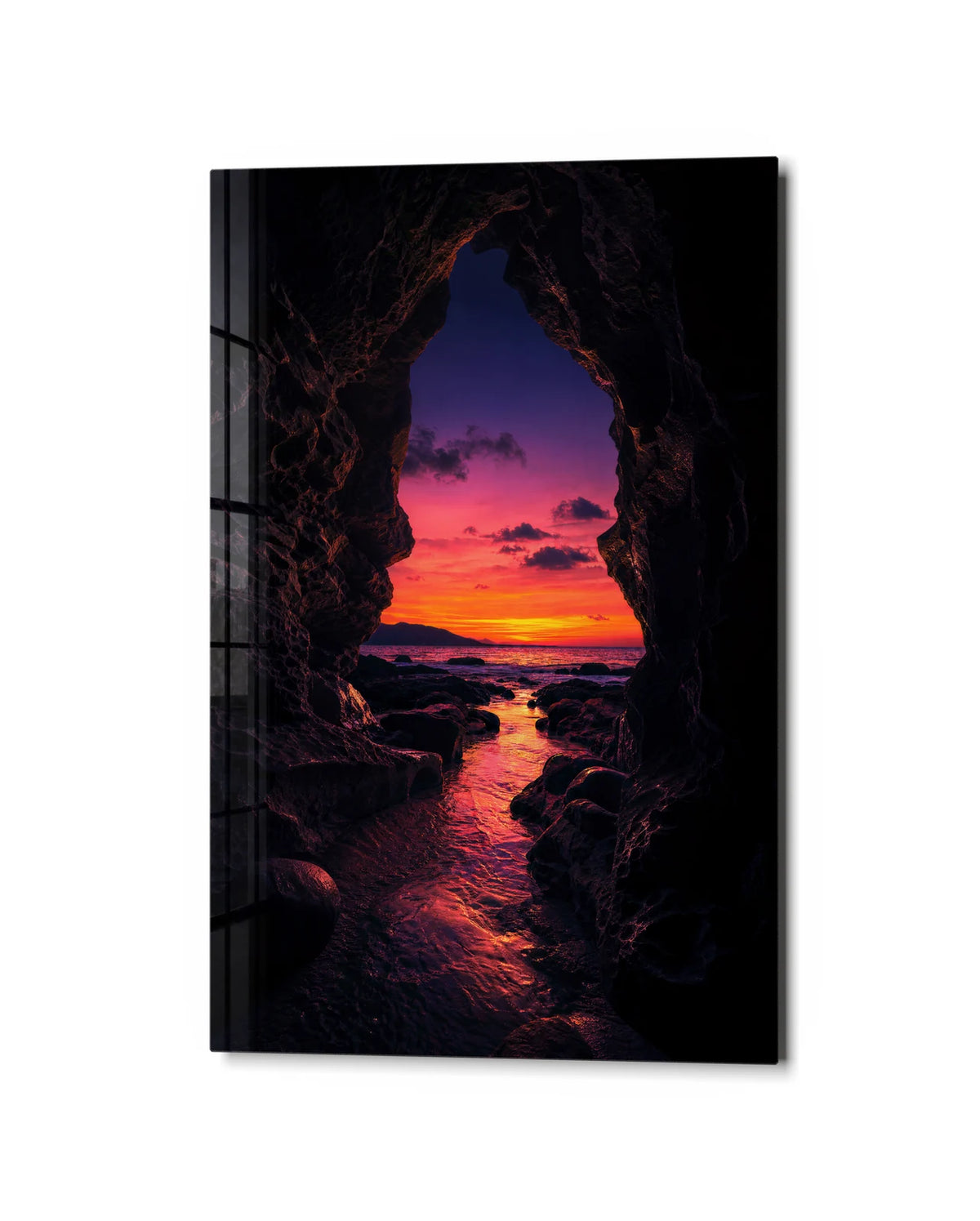 Sunset Through Stone — studio view of glass wall art