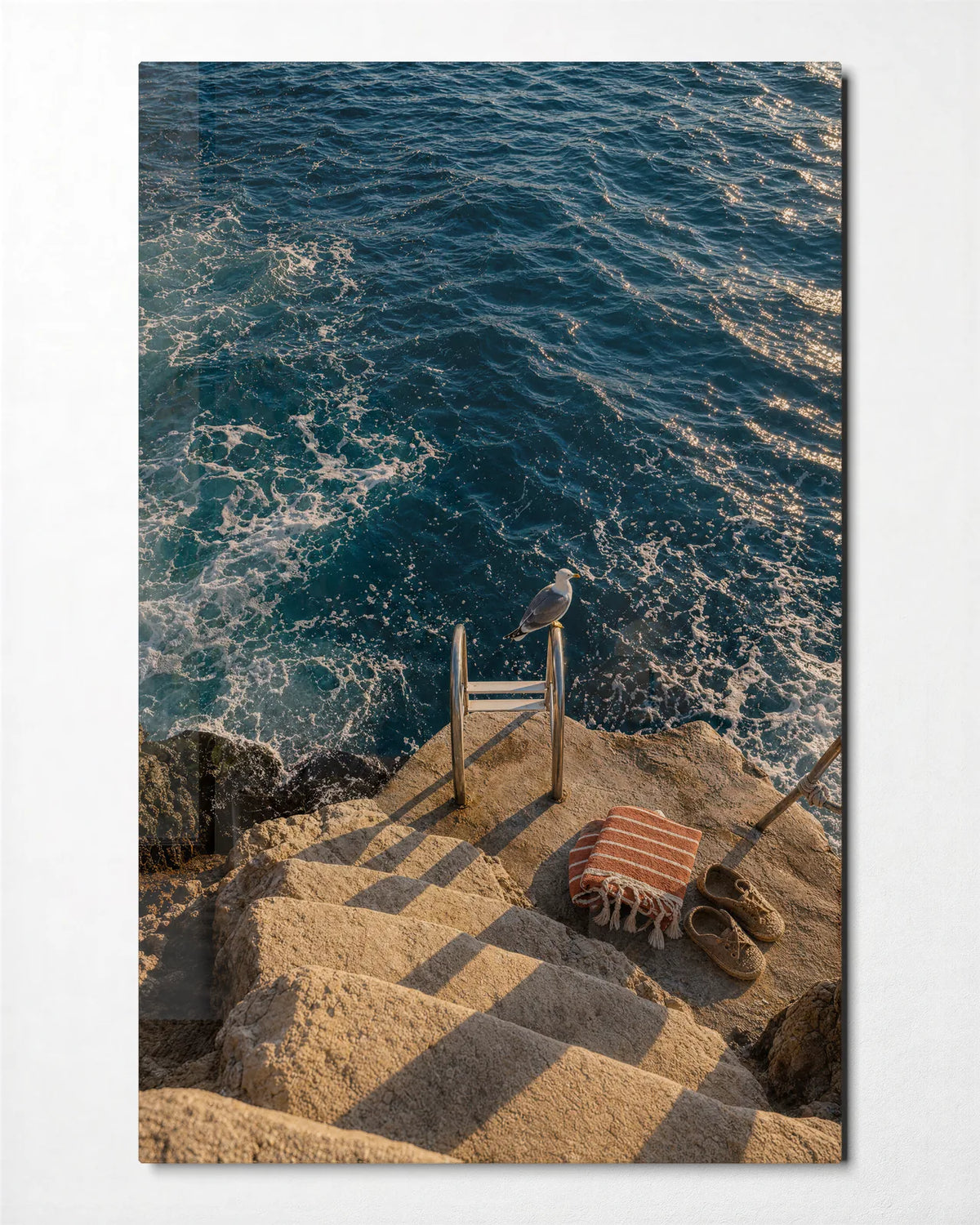 Steps Into Blue — front view of glass wall art