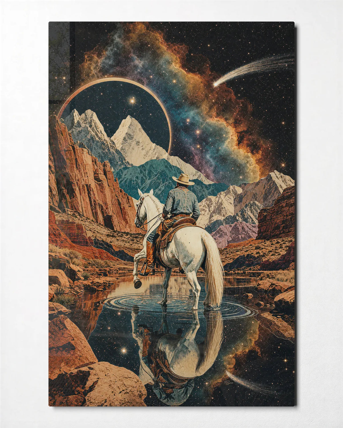 Ride beyond the Mountains — front view of glass wall art